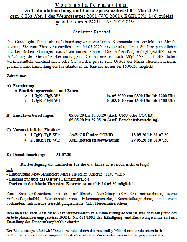 Vorausinformation zu Teilmobilmachung und Einsatzpräsenzdienst 04. Mai 2020